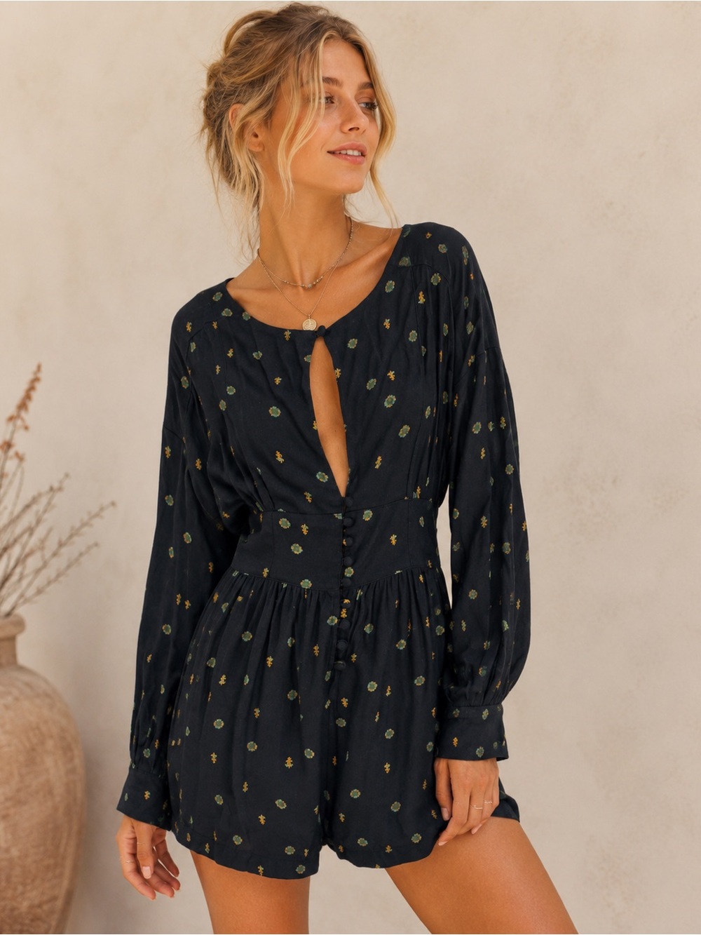 Free People Love Grows Keyhole Long Sleeve Floral Romper size Small